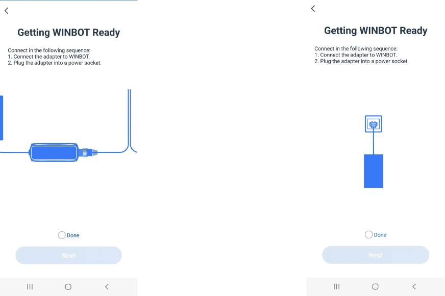 In der Ecovacs App wird gezeigt, wie der WINBOT W1 PRO am Stromnetz angeschlossen werden muss.